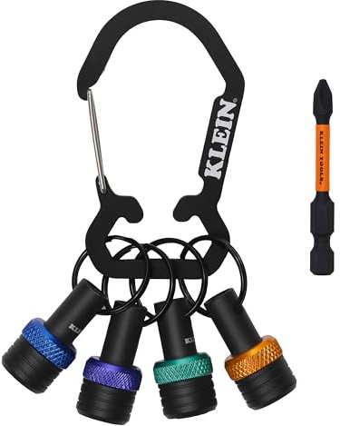 Klein Tools K33850 5-Piece Bit Holder Keychain Set, Organizes and Stores 1/4-Inch Hex Driver Bits, Carabiner Attachment, Colored Bands for Easy Identification