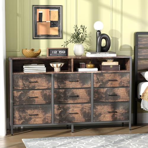 Bonnlo Kommode mit Schubladen, Sideboard mit 9 Stoffschubladen mit Antirutschsicherung, Schubladenschrank mit 9 Schwarze Metallgriffe, modern, Vintage-Farbe-Kommode, 140x30x87 cm