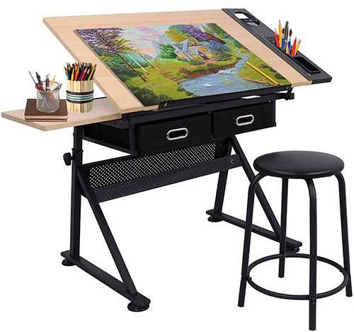 HomGarden Height Adjustable Drafting Desk Drawing Table Art Craft Work Station w/Stool, Storage Drawers for Drawing, Reading, Writing