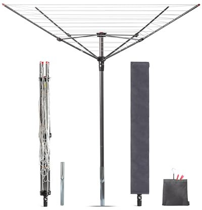 STORAGE MANIAC Tendedero de paraguas para exteriores, 12 líneas con espacio de secado de 164 pies, marco de acero y altura ajustable, tendedero plegable de 4 brazos para lavandería, tendedero plegable
