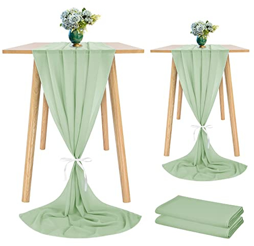 Showgeous 2 Stück Chiffon Tischläufer 28x120 Zoll Romantischer Hochzeitsläufer 10ft Salbeigrün Sheer Chiffon Tischdecke Schminktischläufer für Hochzeit Geburtstagsfeier Braut Baby Shower Dekorationen