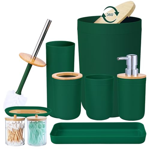 iMucci Badezimmerzubehör, Badezimmer-Set mit Mülleimer, Zahnbürstenhalter, Seifenspender, Seifen- und Lotion-Set, Becher (9-teilig, dunkelgrüne Holzabdeckung)