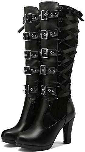 KysBloes Women Lace Goth Knee High Boots Buckle Block Heel Lace Up Knee Length Boots Punk Platform Tall Boot(Black,US size 9)
