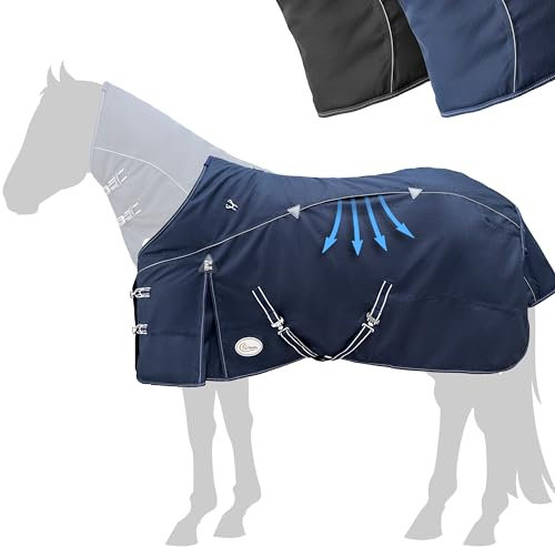 Esposita Airflow Outdoordecke Regendecke mit Fleece 200g Weidedecke Outdoordecke Übergangsdecke Champion Edition optimales Klima ohne Hitzestau 100% wasserdicht Pferdedecke 165cm Polarfleece Navy