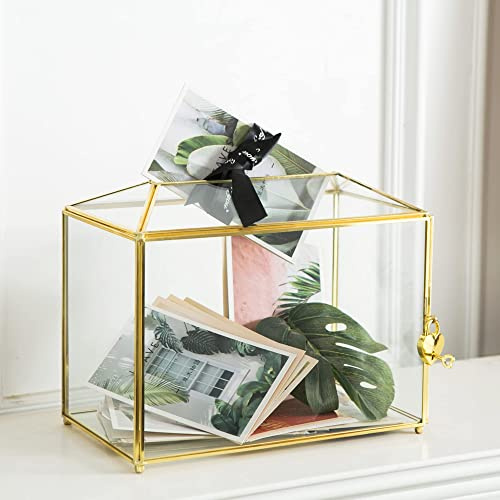 Giadun Grande boîte à cartes de mariage en verre transparent avec fente - 25,9 cm - En laiton doré - Avec serrure - Pour réceptions de mariage, fête prénatale, fête d'anniversaire