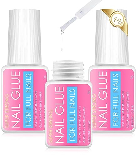3 * 8g False Nail Glue Extra Strong,Nail Adhesive Bond Glue for Stick Press on Nails,Nail Glue Comes with Brushes, Easy to Apply to Nails, not Easy to Waste or Make a Mess(1pcs/2£)
