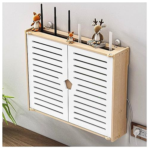 Wooden WiFi Router Storage Box Router Shelf,Double Door DesignModem Cable Router,Organized Power Strip Cable Management Hider Rack (Color : White, Size : 47x10x38cm)