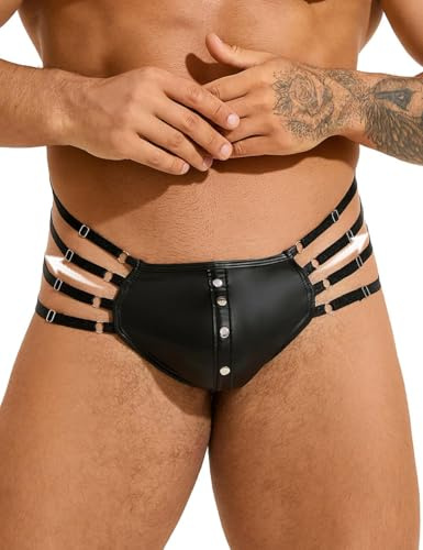 Tanga Hombre Sexy Cuero PU Talla Grande Cintura Baja Lencería Hombre Negro