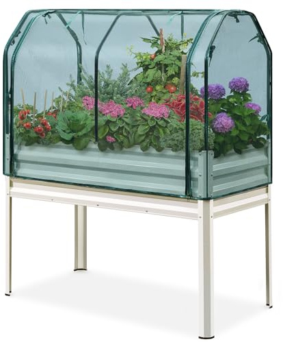 King Bird Large Raised Garden Bed with Netting Galvanized Elevated Planter Box with Legs 48×24×56 in for Backyard, Patio, Balcony, 400lb Capacity, Beige