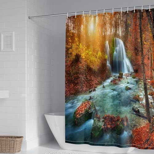 Homxi Ösen Duschvorhang,300 W x 200 H cm,Badvorhang Orange Wasserfälle und Bäume Polyester Duschvorhangringe mit Haken