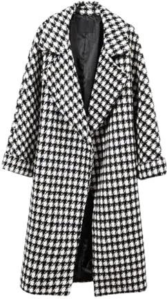 Manteau long en laine pour femme Automne et Hiver Manteau à revers ample, noir/blanc, XXL