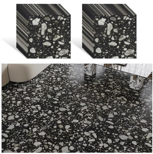 VEELIKE Black Terrazzo Floor Tiles Peel and Stick Vinyl Flooring 24 Pieces Stick on Floor Tiles for Bathroom Black Marble Tile Kitchen Flooring Garage Tile Sticker Staircase 1.5mm 30cm×30cm