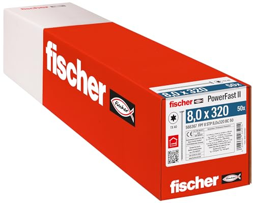 fischer PowerFast II STP 8,0 x 320, kraftvolle Holzbauschraube mit Stufensenkkopf, Innenstern-Aufnahme und Teilgewinde, für den konstruktiven Holzbau, 50 Stk.