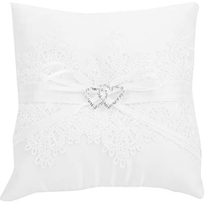 Pwshymi Cojín de Almohada para Portador de Anillos de Boda, Cesta de Niña de Flores de Satén con Encaje de Flores Bordadas con Lazo para Bodas en la Playa