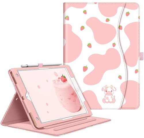 Fintie Hülle für iPad 9. Generation 2021/8 Gen 2020/7 Gen 2019 10.2 Zoll | [Eckenschutz] Multi-Winkel Betrachtung Folio Stand Schutzhülle mit Dokumentschlitze, Auto Sleep/Wake, Strawberry Cow
