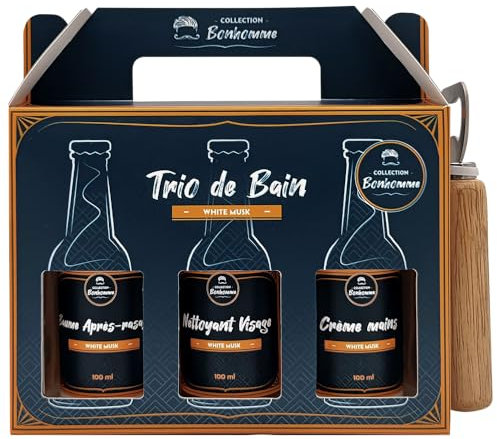 French Tendance - Coffret Barbe Homme - Baume Après Rasage 100ml, Nettoyant Visage 100ml, Crème Mains 100ml - Senteur Musc Blanc - Kit Soin Rasage, Peau, Barbe, Bien Etre - Cadeau Homme Original