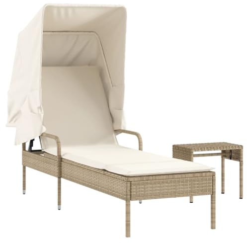 vidaXL Sonnenliege mit Dach Tisch, Gartenliege Verstellbare Rückenlehne, Sonnenbett für Außenbereich, Relaxliege Liege Gartenmöbel, Modern, Beige Poly Rattan