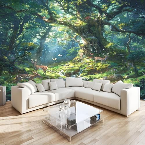 3D Papier Peint intissé Cerf de ForêT Anime 400 x 280 CM, Papier Peint Panoramique Toison Tapisserie Photo Mural Affiche Pour Salon Chambre D'Enfant Murale - Vert