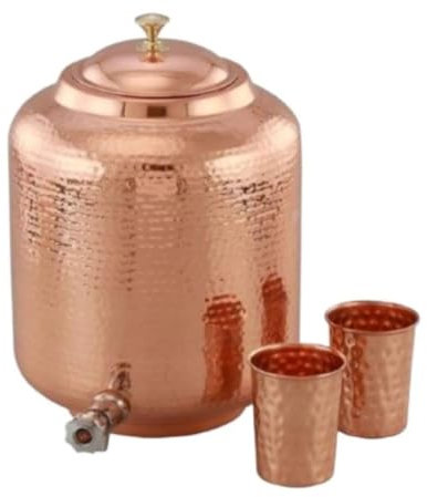 Lalit Kishori Pentola in puro rame martellato, dispenser con coperchio, serbatoio per bevande, Tap Matka, brocca Tamba, contenitore con 2 bicchieri e 1 bottiglia (rame, 12 litri)