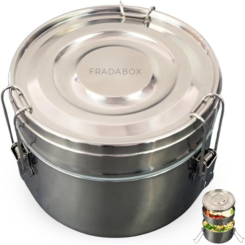 FRADABOX® Lunchbox „Peyton“ 2000ml, bis zu 2 Etagen, Premium Edelstahl Dose Rund mit Fächer, Meal Prep Bento Box, Salat Bowl BPA-frei, Brotdose groß für Erwachsene, spülmaschinenfest und auslaufsicher