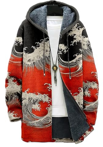 MARSVOVO Long Hooded Cardigan Men Japanese Art Ocean Waves Print Hoodie Jacket Lined Fleece Full Zipper With Pocket Oversize Fall Winter Coat Baggy Vintage Jackets For Men,XL