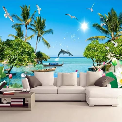 YLLMNOBN Paysage marin mouette dauphin cocotier voilier (peler et coller) papier peint mural adapté à la chambre à coucher TV fond salon décoration