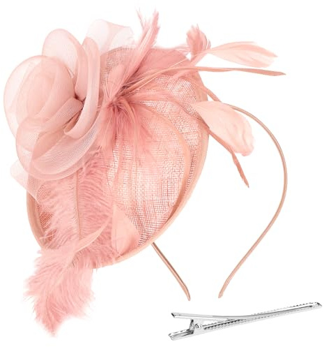 Alaoo Fascinator-hatt, nätblomma fjäder fascinator-pannband, kvinnor fascinerande hattar, festkostym huvudbonader för bröllop, tefest, cocktailrace, alla hjärtans dag (rosen-ljusrosa)