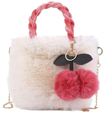 HKYBCF Fluffig tygväska plyschväska flicka söt mångsidig fluffig påse kedjor axelväskor vita mjuka fluffiga väskor mode söt handväska, Vitt, En storlek