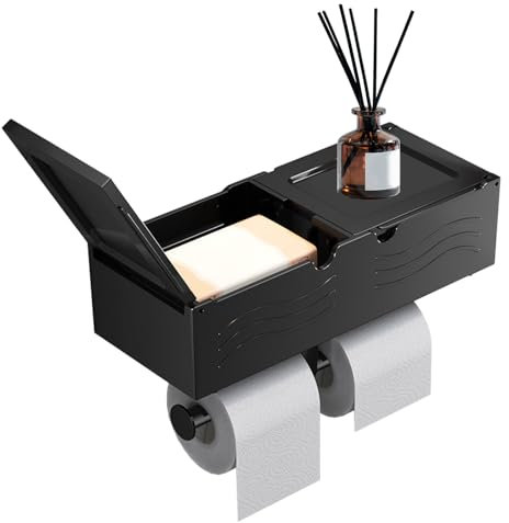 Toilettenpapierhalter Ohne Bohren, Klopapierhalter mit Feuchttücherbox, Klopapierhalter mit Ablage und 2 Rollen Papier Holder, Wandhalterung Klorollenhalter für Badezimmer und Küche(Schwarz)
