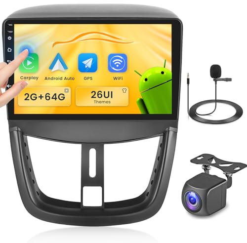 Fuluku 2+64G Android Radio para Peugeot 207 2006-2015 con Carplay Inalámbrico Android Auto, 9'' Pantalla táctil Radio Coche con WiFi/Bluetooth/GPS/Cámara de Marcha Atrás/FM/SWC/26UI