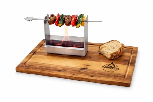 Flambiermeister Flambiergrill Tischgrill mit Edelstahlwanne & Akazienholzbrett – Indoor & Outdoor Grill mit Rum – Made in Germany – Geschenkidee für Grillfans, Balkon & Kamin, BBQ, Minigrill