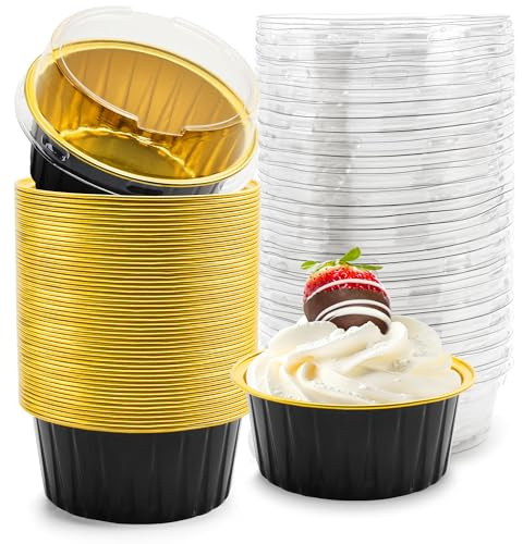 150ml Mini Loaf Tins with Lids Mini Loaf Cake Cases Aluminum Foil Baking Cups for Muffin Party Holiday Wedding Birthday(50 Pack, Black Gold)