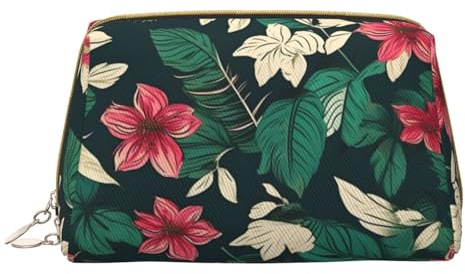 Neceser de piel con cremallera y diseño de hojas de flores, White, Talla única