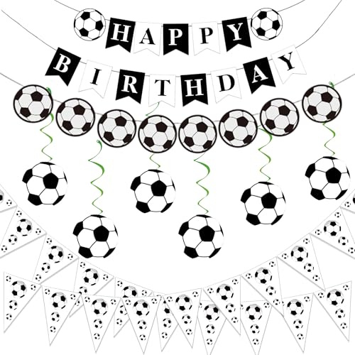 Fussball Deko Geburtstag Girlande Kinder - Fußball Geburtstagsdeko Happy Birthday Banner, Wimpel und Hängende Wirbel für Kindergeburtstag Mottoparty Dekoration (Schwarz Weiß)
