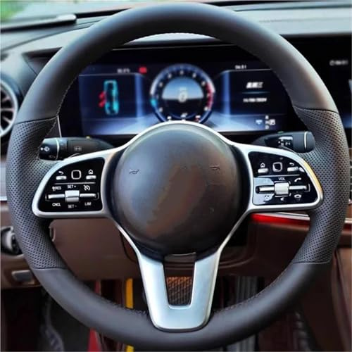 HABRAT Coprivolante Auto per Mercedes per Benz Classe A W177 Classe B W247 Classe C W205 Classe CLS Coprivolante Auto in Pelle Nera Cucito A Mano Copertura Volante Auto(Linea Nera)