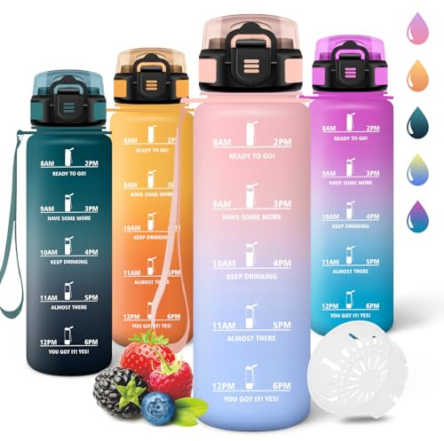 Trinkflasche, 1000ML BPA-Frei, Wasserflasche, Auslaufsicheres Schlossdesign, Gym Flasche, Flasche mit zeitmarkierung, Sport Trinkflasche für Camping, Fitnessstudio, Berge besteigen - Rosa&Himmelblau