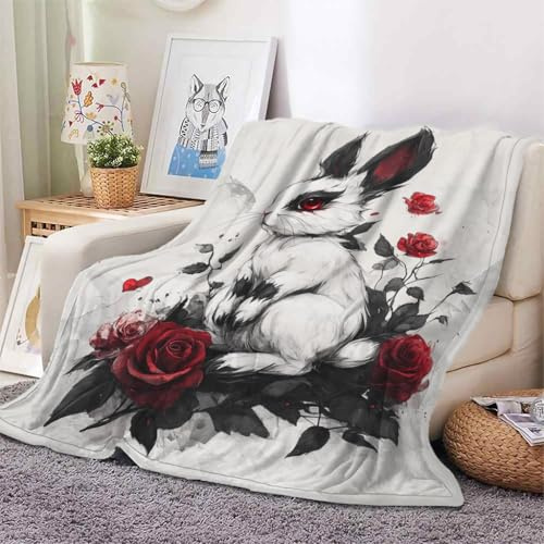 YZQGLHP Manta Rosa Roja Mantas Conejo Blanco Y Negro Estampado 3D Cobija Mantas Suave Franela para Cama, Cobertor Sofa 220x240 cm Manta de Microfibra Cálida Decorativa