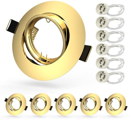 Allesgute 6X GU10 Downlights for Ceiling Round Gold Finish Metal Frame for Recessed Ceiling Lights 360° Tilt Swivel GU10 Fittings with Lamp Holder, Outer Diameter: 90mm, Cutout Ø68-85mm, No Bulbs