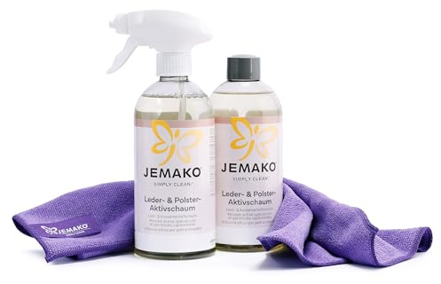 JEMAKO Leder- & Polster-Aktivschaum Set, 2 x 500 ml mit Schaumpumpe und Profituch Plus S, Reinigungsset für Glattleder und Textilpolster, pH-neutral