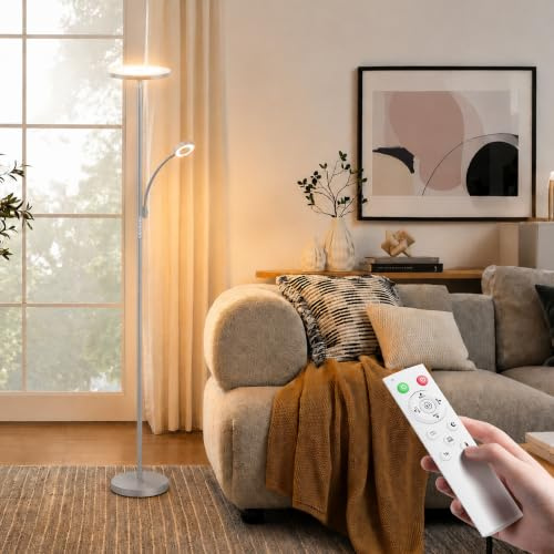 42W superhelle Uplighter Stehleuchte für Wohnzimmer, 4200LM dimmbare Torchiere Standleuchte mit Fernbedienung, Touch-Control, 2700K-6500K, Timer, 175 cm hohe Leuchte zum Lesen, für Schlafzimmer, Büro