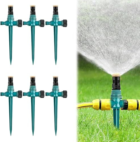 KIMHOME 6 aspersores de jardín, rotación automática de 360°, 3 brazos, spray ajustable para césped, parterres, aspersor de césped para riego eficiente