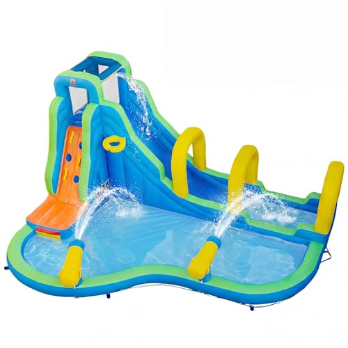 FANTASK Hüpfburg, 465 x 345 x 242 cm, Aufblasbar Wasserpark mit Rutsche, Kletterwand, Wasserpistolen, Basketballwurf, Ballwurf, Wasserhüpfburg für Außenbereich, Wasserpark für Kinder