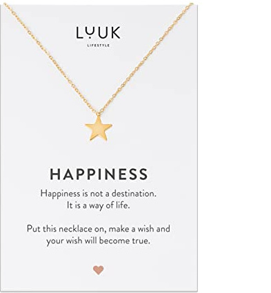 LUUK LIFESTYLE Collana stella con Ciondolo in Acciaio Inossidabile e Carta regalo HAPPINESS, Regali per Lei, Donna, Madre, Catenina in filigrana, Portafortuna, Gioiello Elegante, Oro (50cm c.)