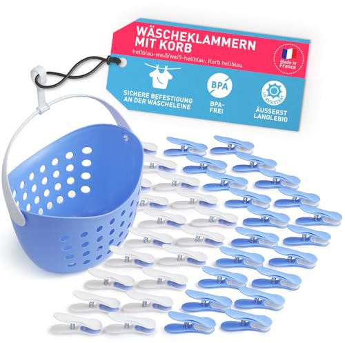 culiclean Wäscheklammern mit Korb, 40x + 1 Korb, hellblau-Weiss | Klammerkorb und stabile Soft Clips ohne Abdruck – Softgrip, robust, UV-beständig, wetterfest, Made in France