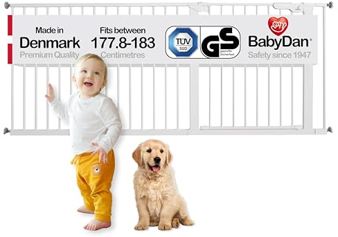 BabyDan Premier, Extra breit Ohne bohren Treppenschutzgitter, 177,8-183 cm, Babygitter/Sicherheitsgitter, Metall, Weiß, Hergestellt in Dänemark - (Haustiergitter/Hundegitter)