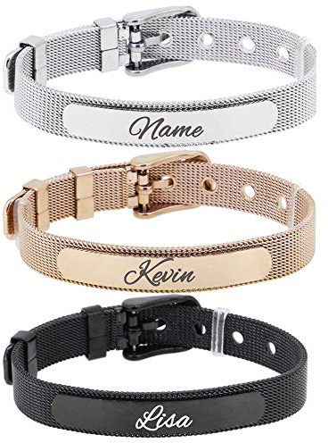 Personalisierter Mesharmband mit Wunschgravur Edelstahl - Mesh Charm Armband mit Name Buchstabe ( Silber Rosegold Schwarz ) Größen verstellbar - Damenarmband Charmband Gravur Geschenk für Freundin