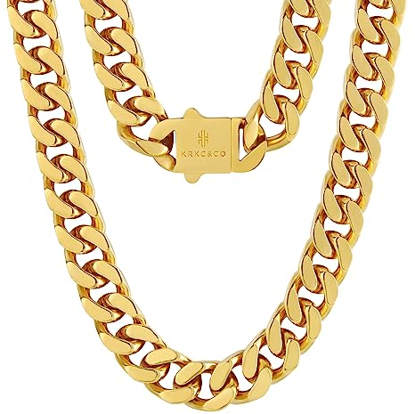 KRKC&CO 14mm Panzerkette, 18K Gold plattiert Cuban Link Chain, Edelstahl Panzerkette Herren Gold Kubanische Gliederkette, Herren Goldketten Hip Hop Kette für Männer Jungen Größe 61cm