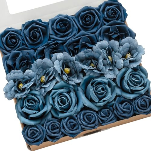 Ling's moment Künstliche Blumen Gefälschte Seide Mohn Faux Schaum Rosen Combo für DIY Hochzeit Sträuße Tafelaufsätze Arrangements Braut Dusche Party Home Decorations, Nautische Marine, 25 Stück