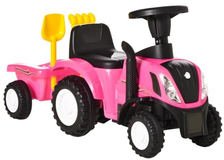 HOMCOM Tractor de Juguete sin Pedales 12-36 Meses Remolque 91x29x44 cm Rosa | Remolque Extraíble, Coche Correpasillos, Bocina, Faros, Pala, Asiento de Suelo 25 cm, Rastrillo, Carga 25 kg