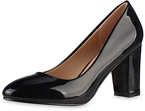 VAN HILL Damen Klassische Pumps Blockabsatz Schuhe Elegante Lack Absatzschuhe Party Freizeit Abendschuhe 201561 Schwarz Lack 36